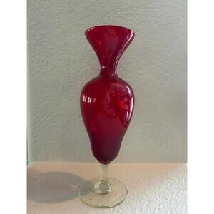 Vintage Enesco Ruby Red Glass Bud Vase With Clear Stem 9”